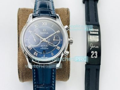 Swiss Copy Omega De Ville Chronograph Blue Dial Blue Leather Strap Watch 42mm